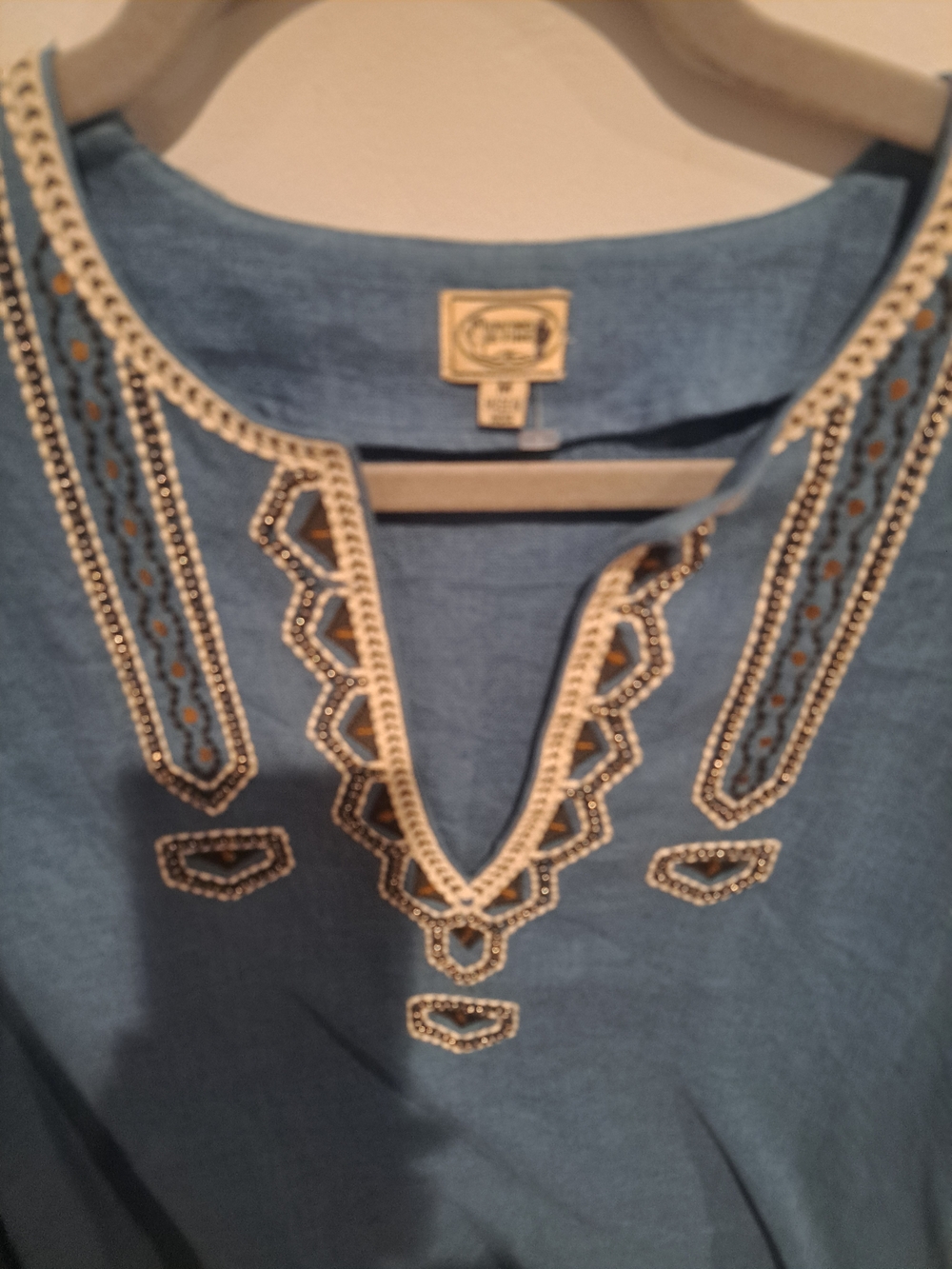 Women’s Embroidered V-Neck Tunic in Denim Blue